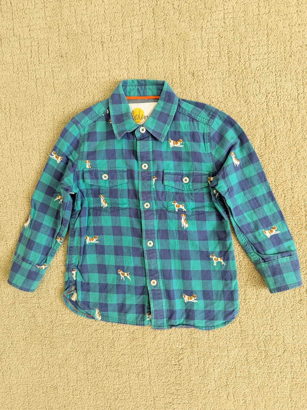 Mini Boden Embroidered Dog Plaid Flannel Button Down Shirt Boys 4-5Y Gingham